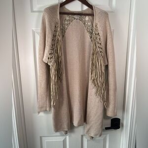 Haute Hippie Fringe Tan Oversized Boho Knit Cardigan Sweater Womens Size Xsmall
